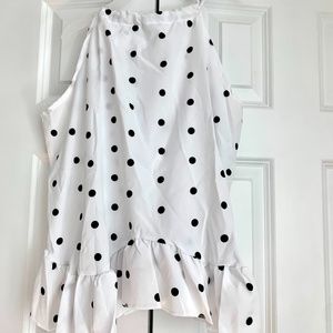 NWOT Polka Dot White and Black High Neck Tie Ruffle Peplum Sleeveless Blouse, S